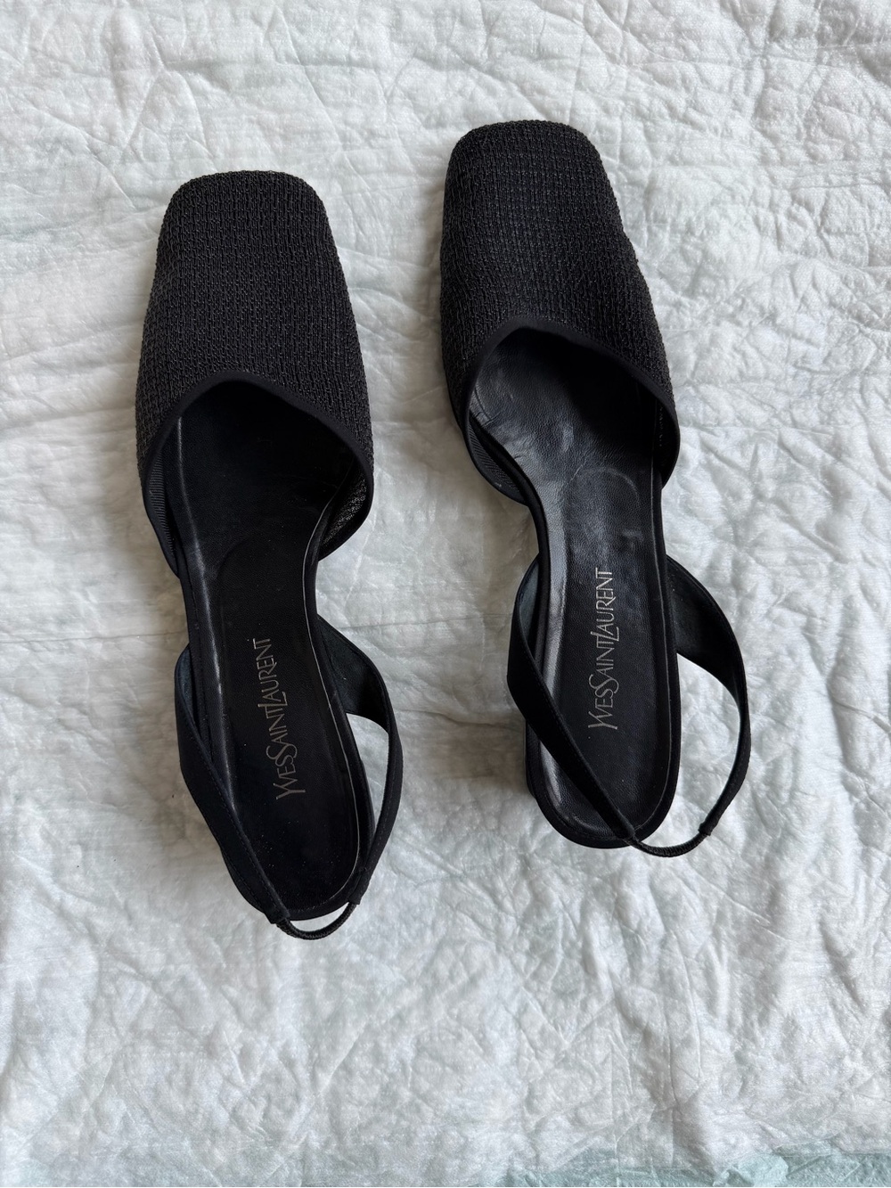 Yves Saint Laurent Black mesh leather Slingback Square-Toe pumps Mules